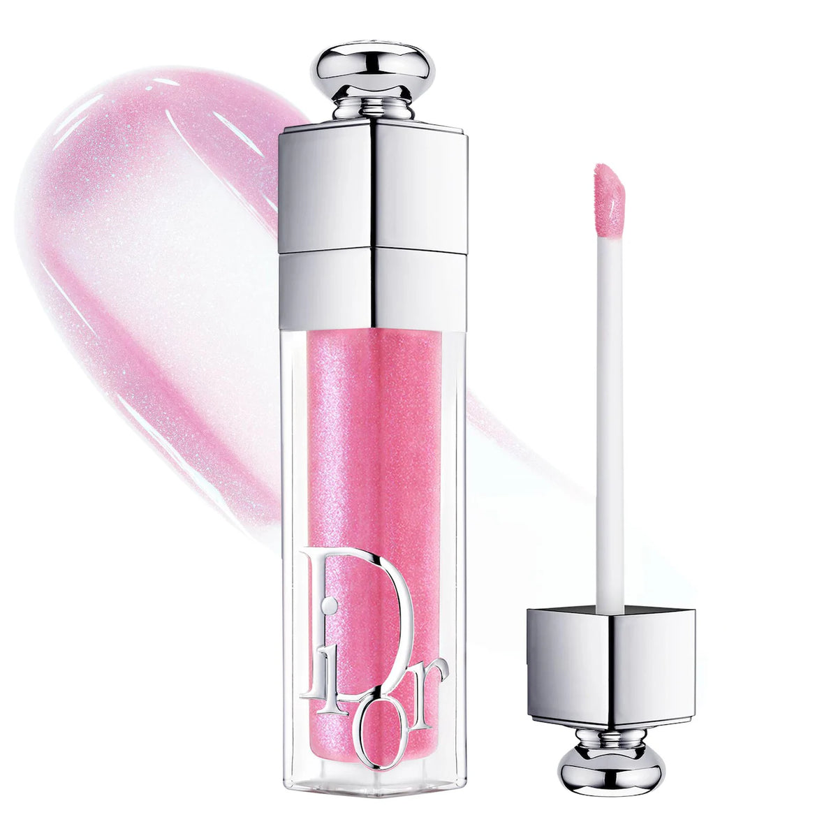 Lip gloss with pink liquid and silver cap on a white background