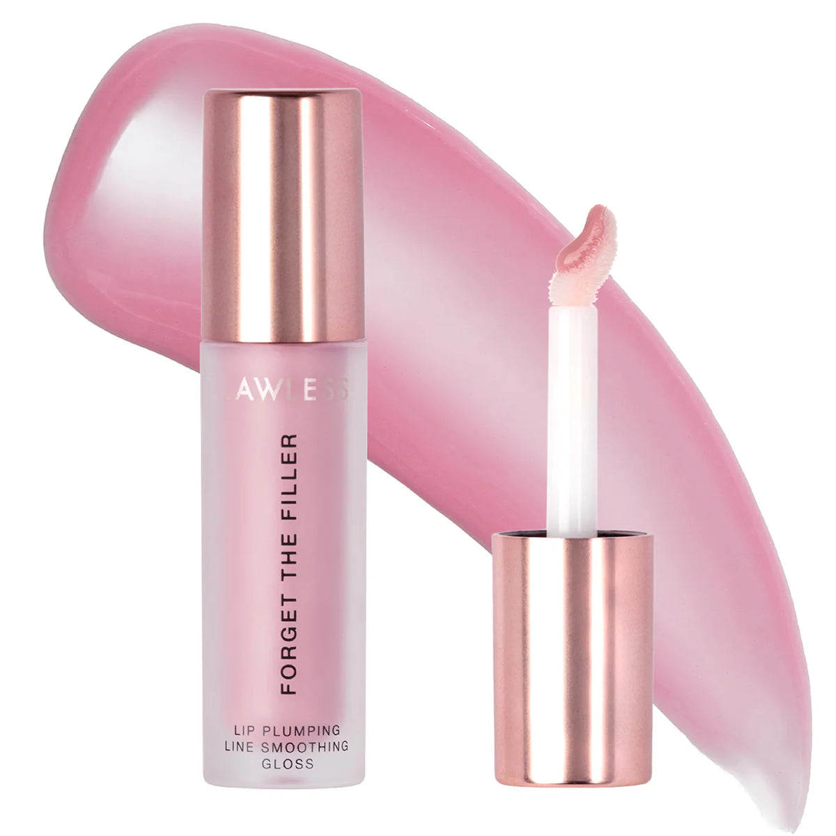 Lip gloss with rose gold cap and pink applicator on a white background