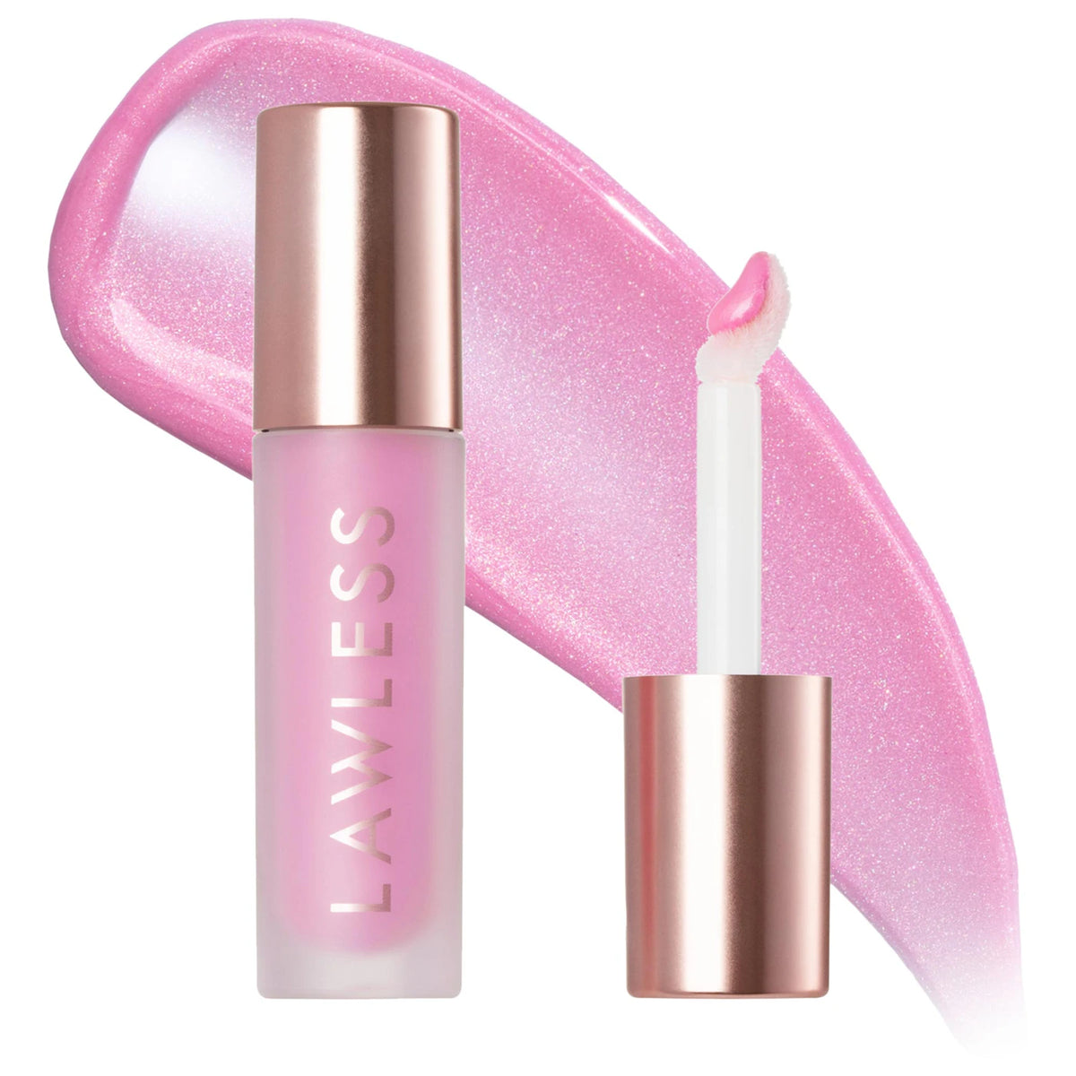 Pink lip gloss with rose gold cap and 'Lawless' branding on a white background