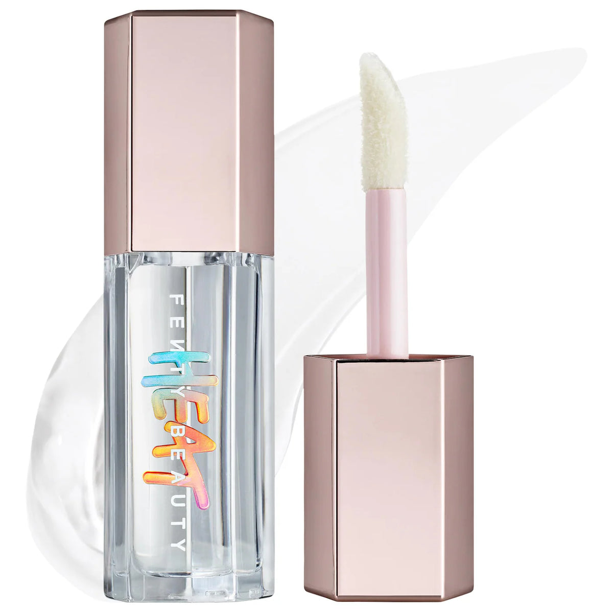 Lip gloss with applicator and hexagonal packaging on a white background