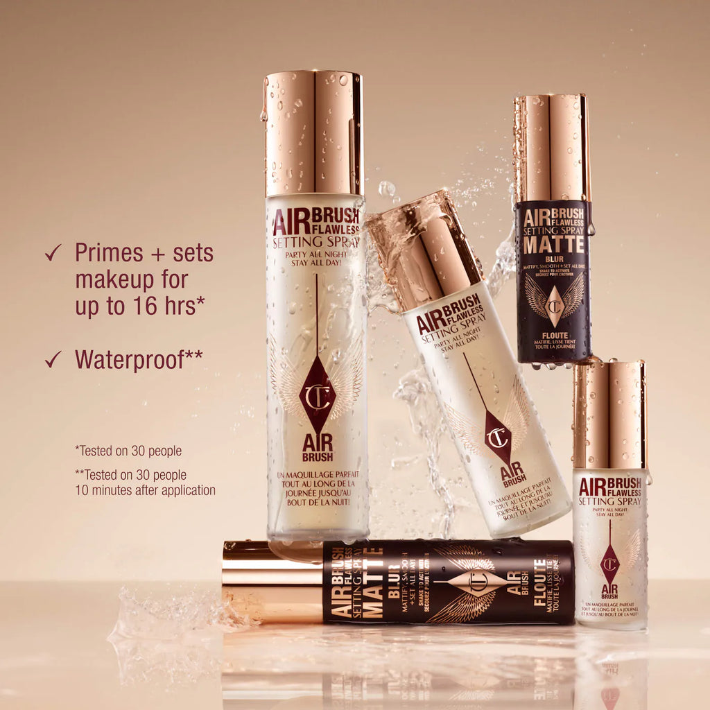 Collection of Airbrush makeup products with text highlighting features on a beige background