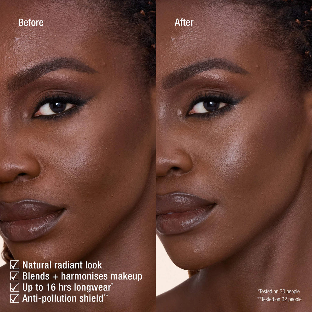Before and after makeup application on a woman's face, showing a natural radiant look with high-shine finish. Text on the left lists benefits: natural radiant look, blends harmonises makeup, up to 16 hrs longevity, and anti-pollution shield.