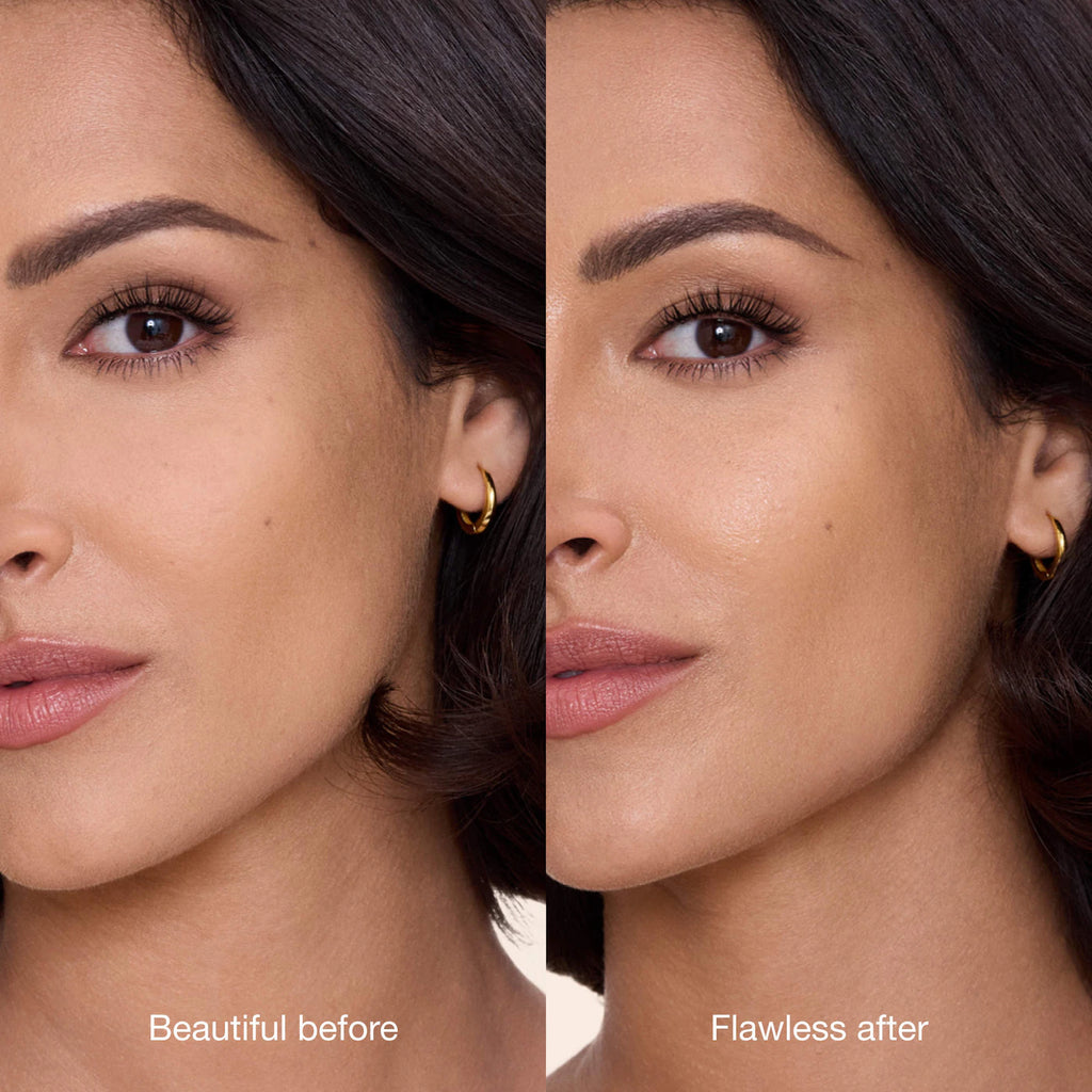 A split-screen close-up of a woman's face showing a before-and-after comparison. The left side is labeled 'Beautiful before' and shows natural skin texture and a small gold hoop earring.