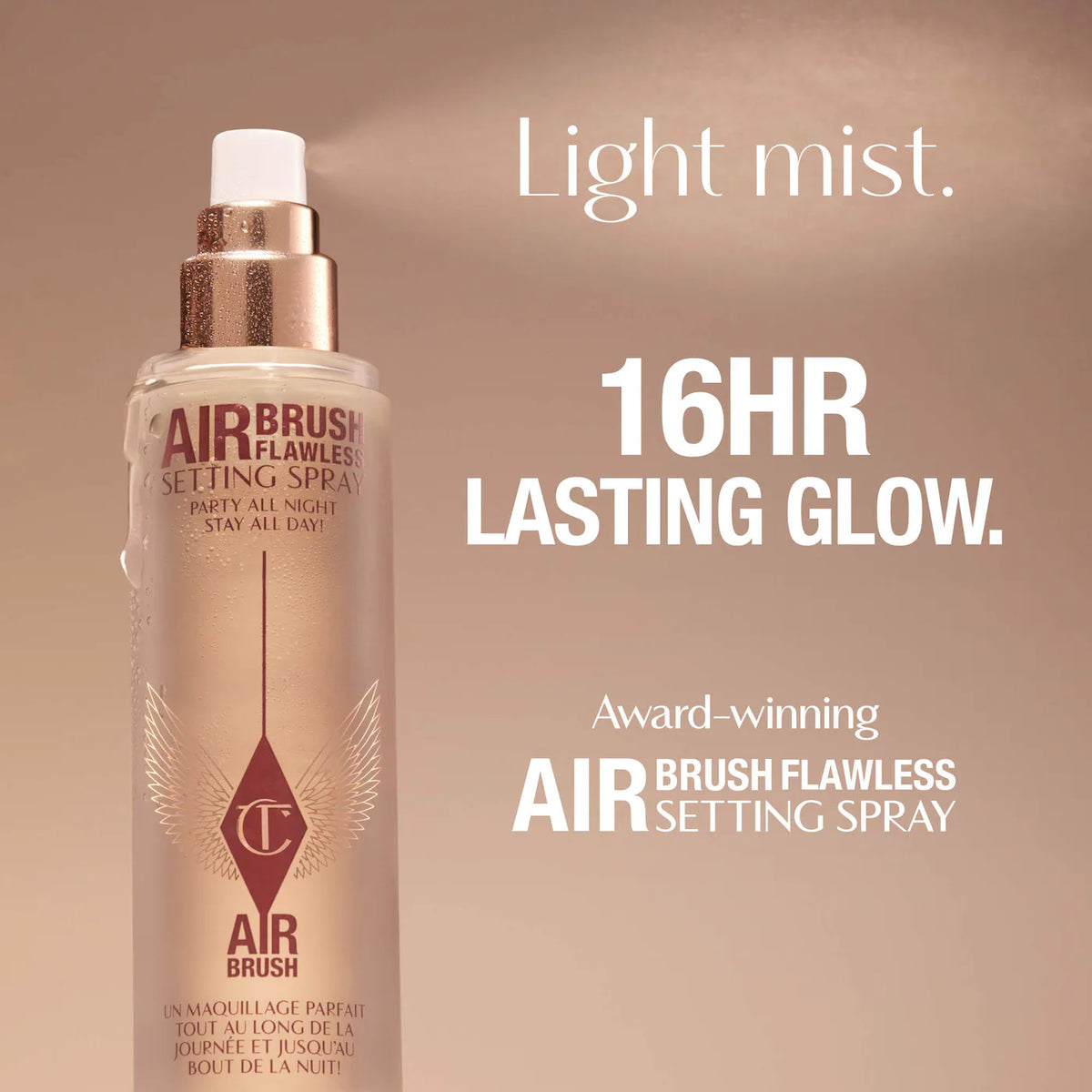 A bottle of Air Brush Flawless Setting Spray shown on a warm beige background with promotional text reading 'Light mist. 16HR LASTING GLOW.
