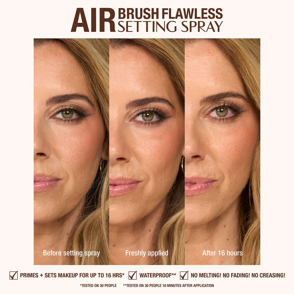 Advertisement for air brush flawless setting spray showing before, freshly applied, and after 16 hours effects on a woman's face.