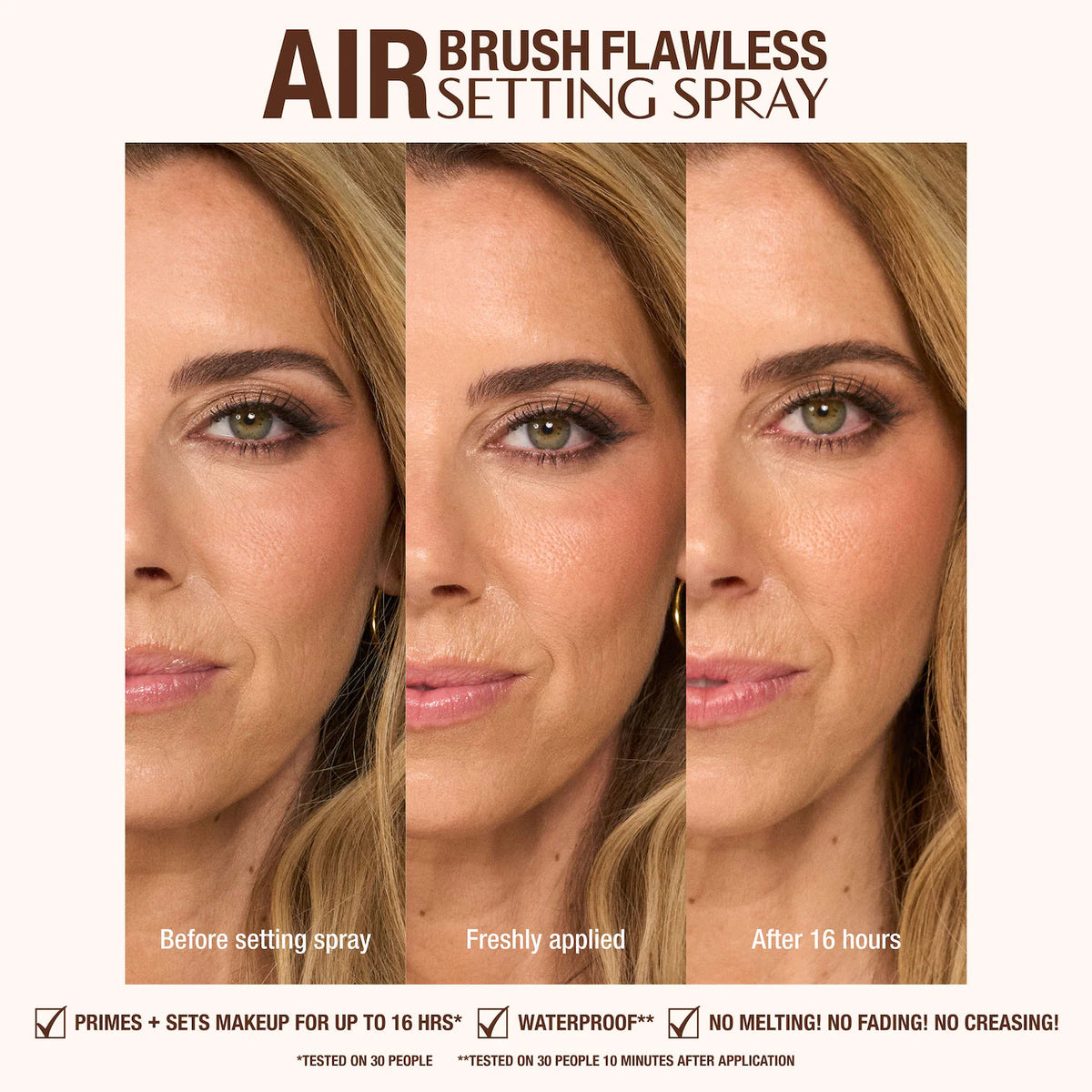 Advertisement for air brush flawless setting spray showing before, freshly applied, and after 16 hours effects on a woman's face.