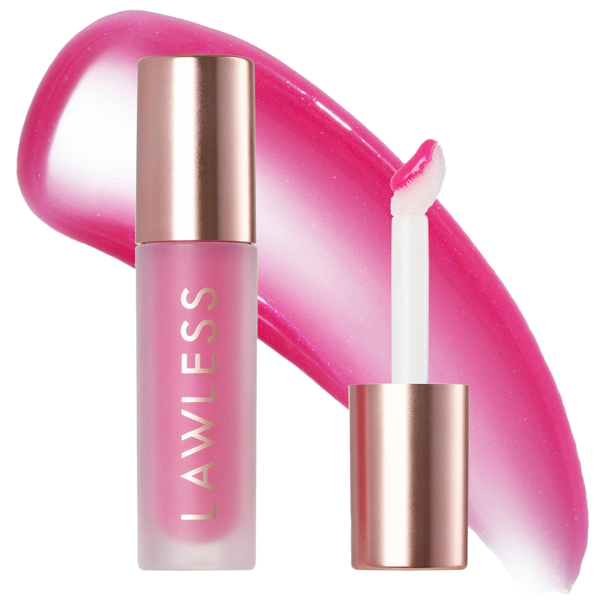 Pink lip gloss with rose gold cap and applicator on a white background