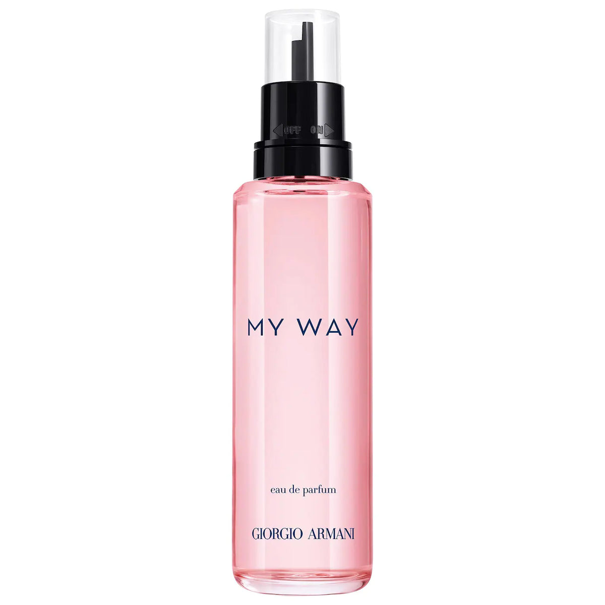 Giorgio Armani My Way Eau de Parfum spray bottle with pink liquid, a black pump, and a clear cap, shown on a white background.