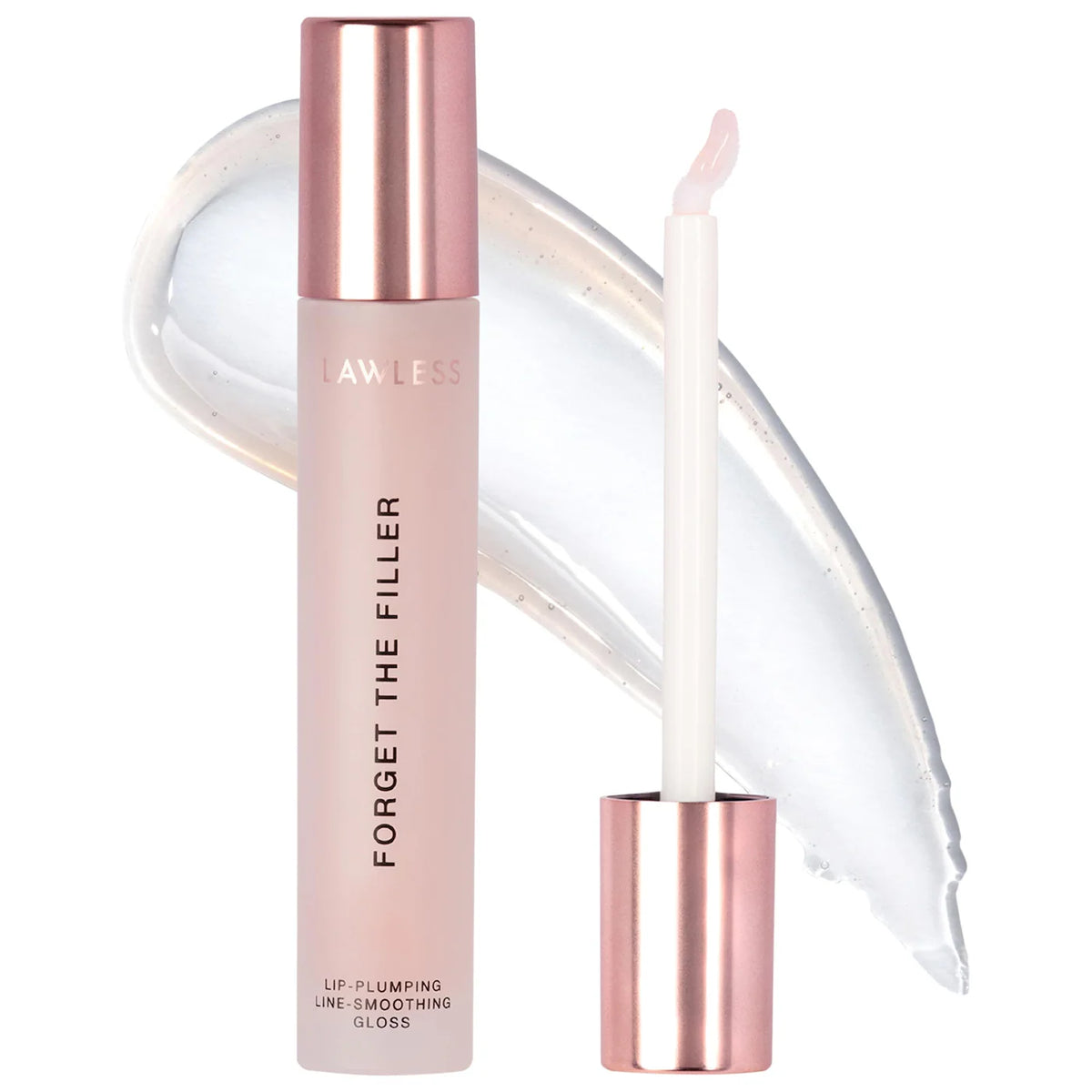 Lawless Forget the Filler lip plumping line smoothing gloss in a pale pink tube with a metallic rose gold cap, shown next to its applicator wand and a glossy white product smear on a white background.