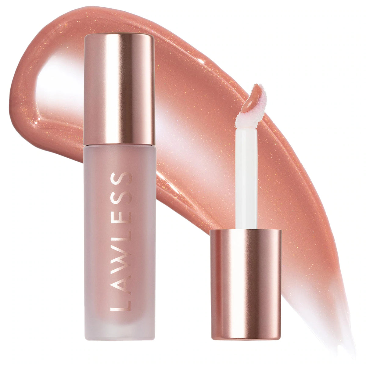 Lip gloss with applicator and 'Lawless' branding on a white background
