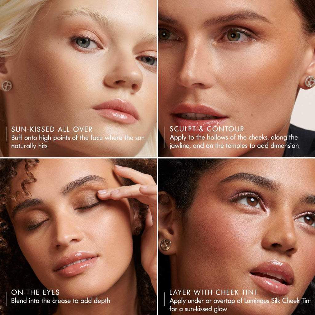 Collage of four women with makeup application tips on their faces.