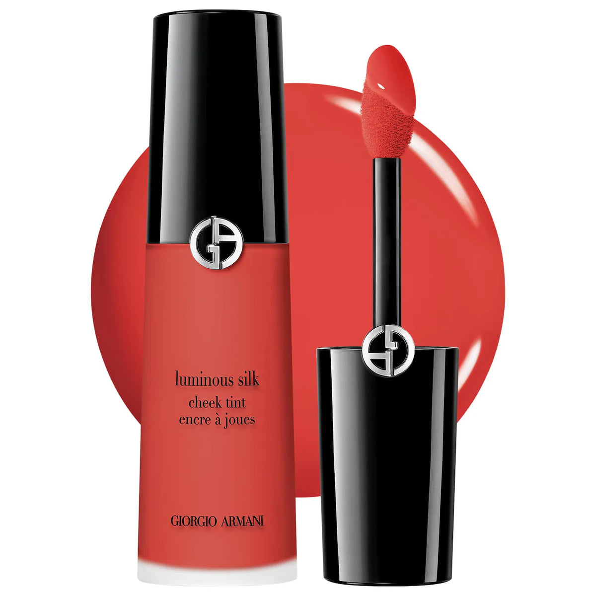 Giorgio Armani Luminous Silk Cheek Tint in Encre a Joues, showing the black and coral-red tube, the applicator wand, and a circular red color swatch on a white background.
