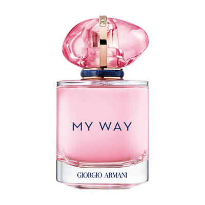 Giorgio Armani My Way Eau de Toilette perfume bottle with a translucent pink cap and pink liquid inside, on a solid white background.