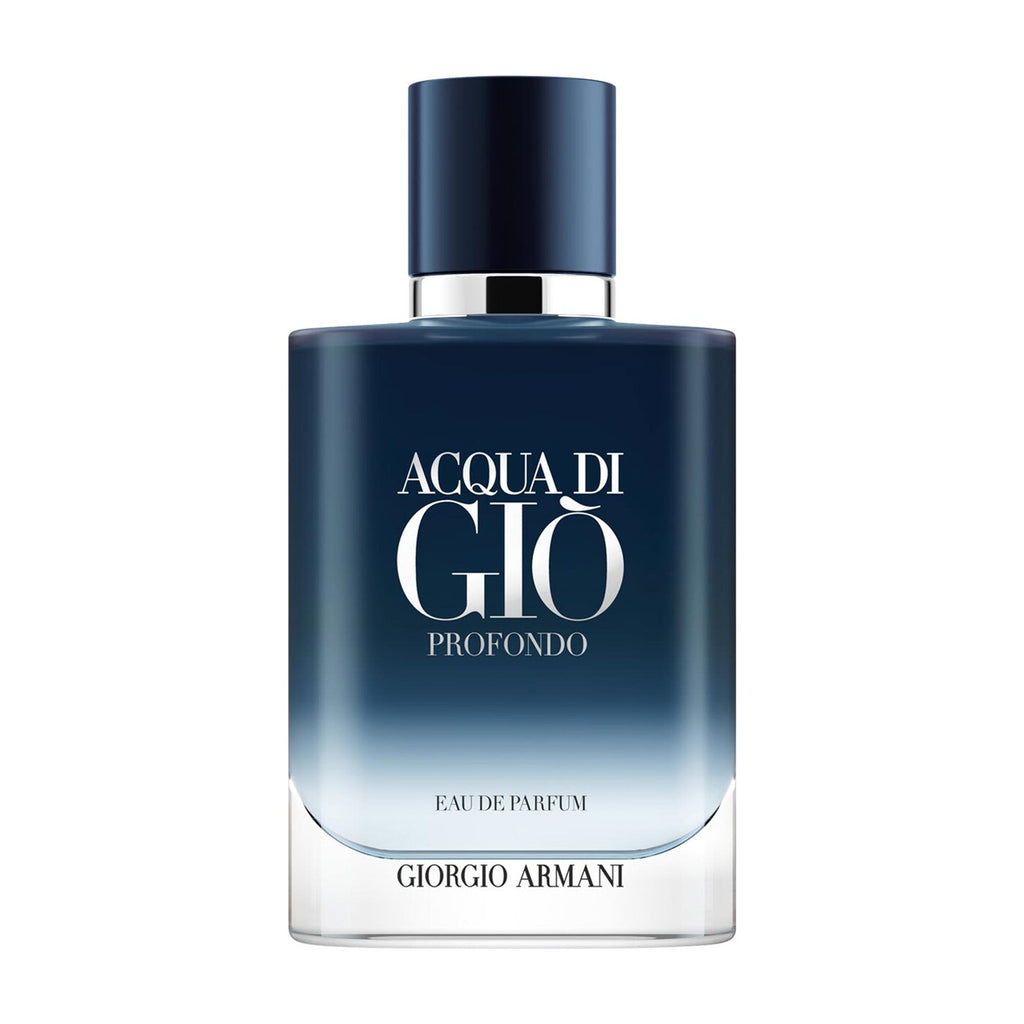 Giorgio Armani Acqua di Gio Profondo Eau de Parfum bottle, featuring a dark blue gradient design that fades to clear glass at the bottom, with a dark blue cap and silver accents.