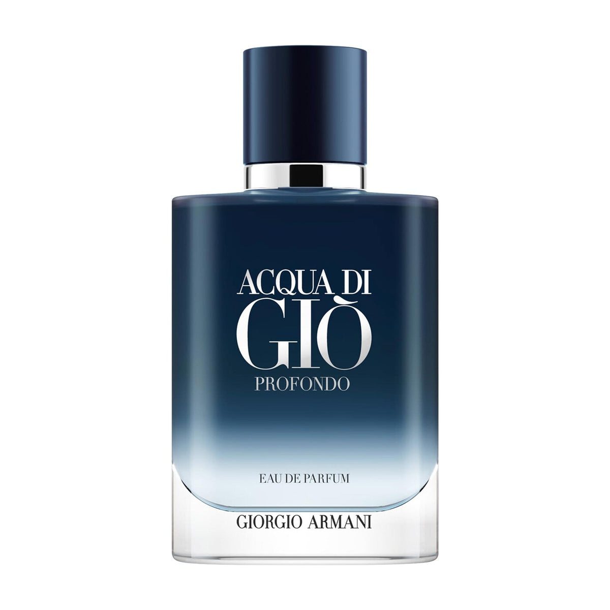 Giorgio Armani Acqua di Gio Profondo Eau de Parfum bottle, featuring a dark blue gradient design that fades to clear glass at the bottom, with a dark blue cap and silver accents.