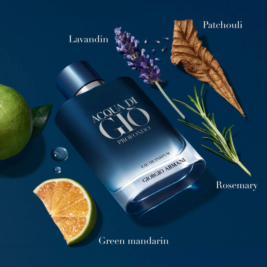 Acqua di Giò Profondo perfume bottle with lavender, rosemary, and green mandarin on a blue background