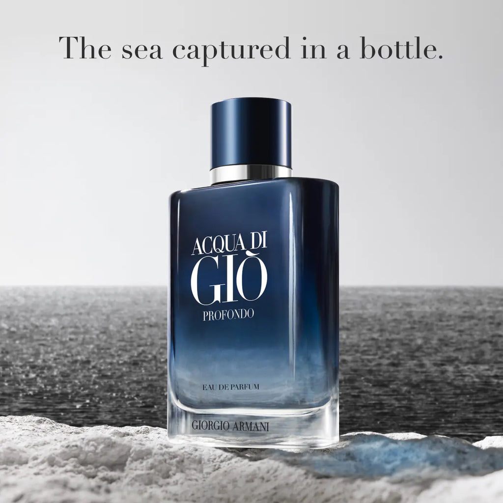 Acqua di Giò Profondo perfume bottle with ocean background