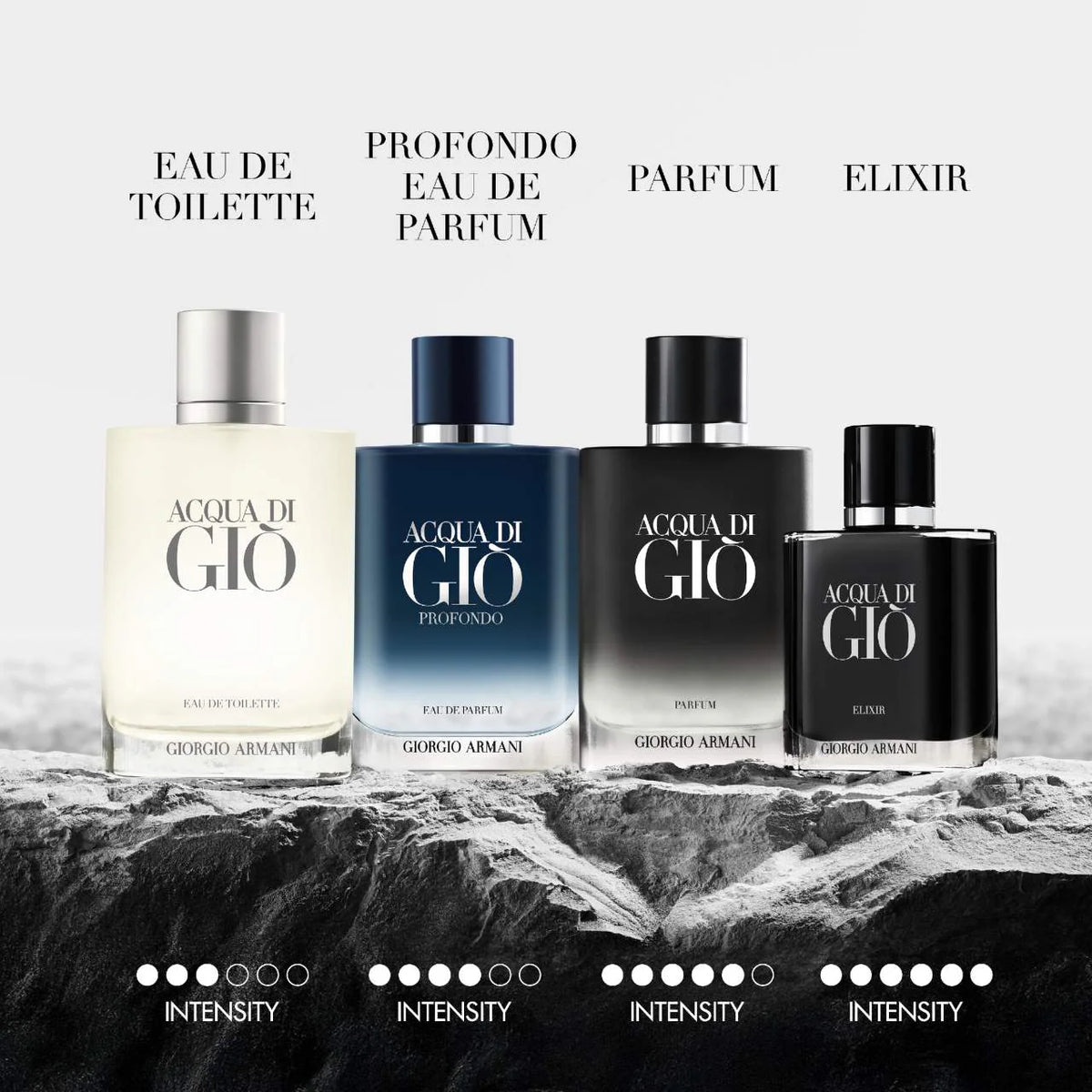 Four bottles of Acqua di Gio by Giorgio Armani with labels indicating different types of perfume.