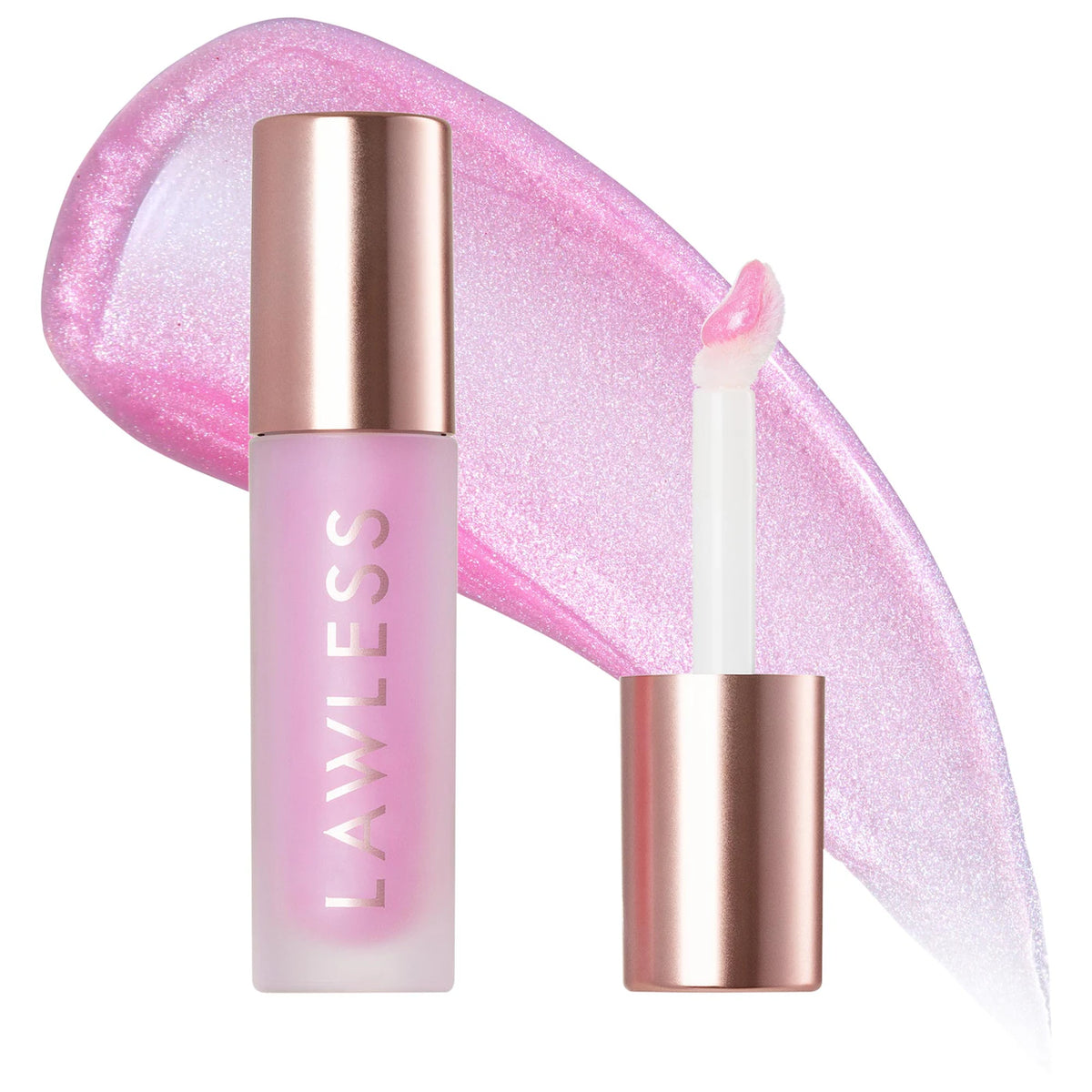 Pink lip gloss with rose gold cap on a white background