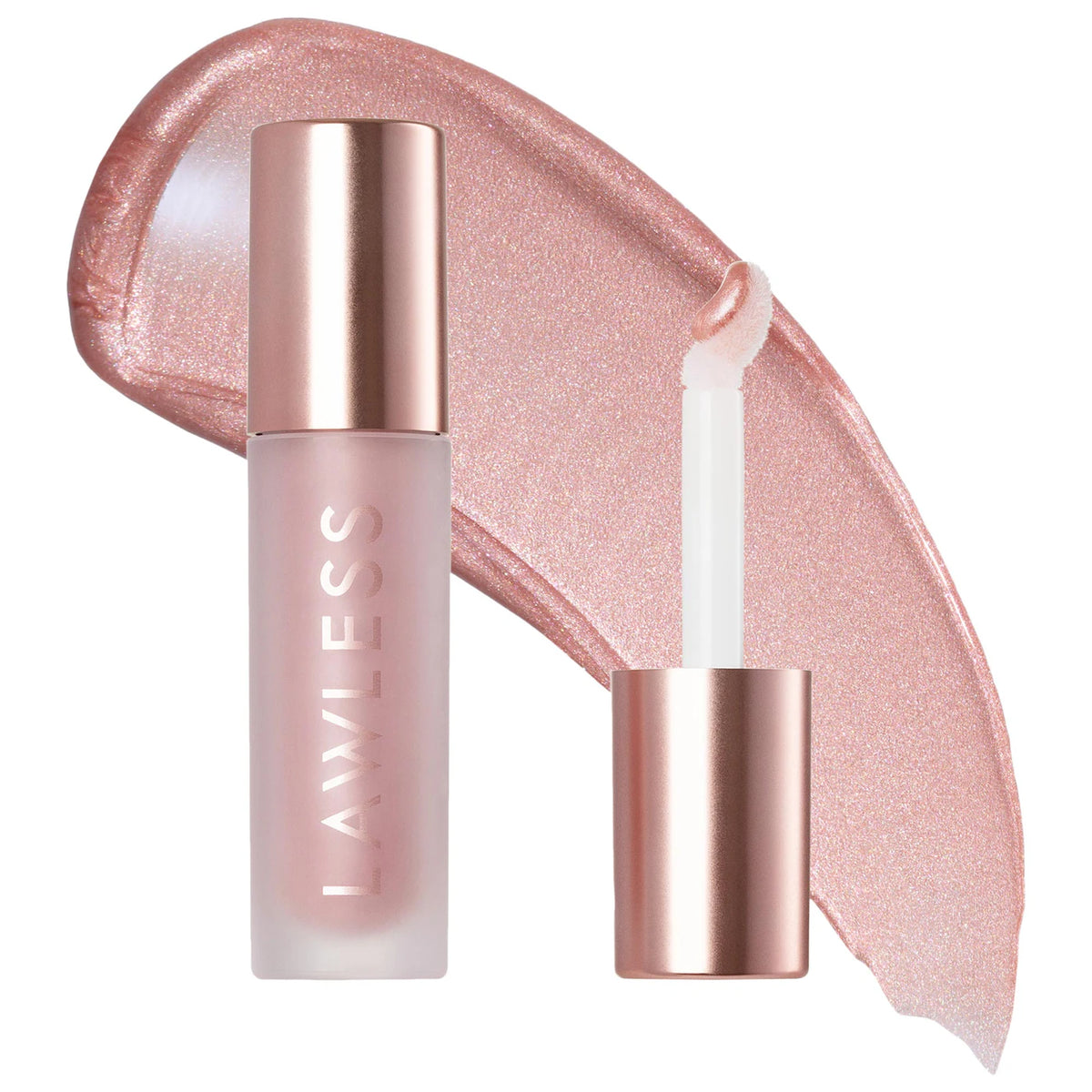 Lip gloss with applicator and swatch on a white background