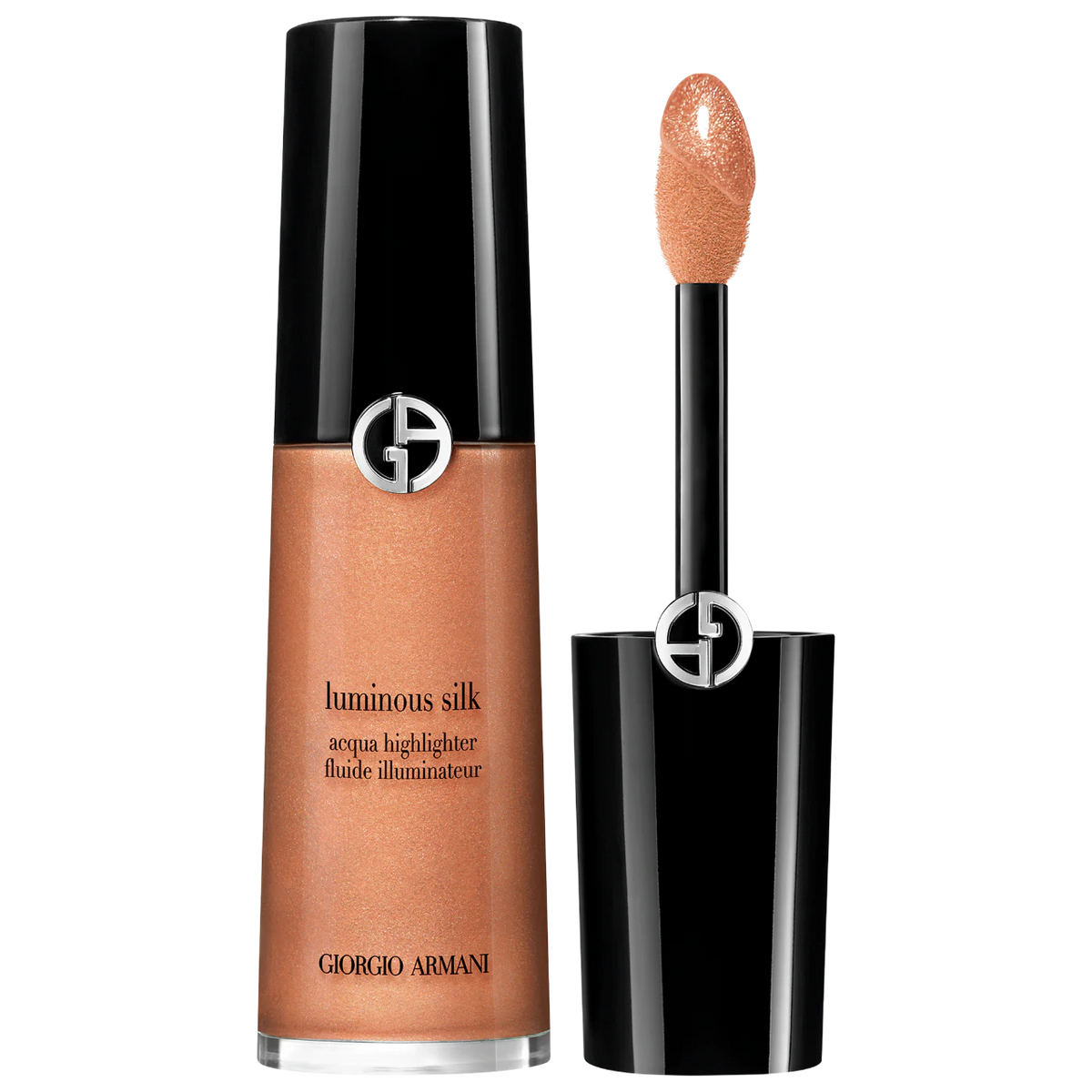 Giorgio Armani Luminous Silk Aqua Highlighter in a shimmering peach-beige shade, shown in its black and clear bottle alongside the applicator wand on a white background.