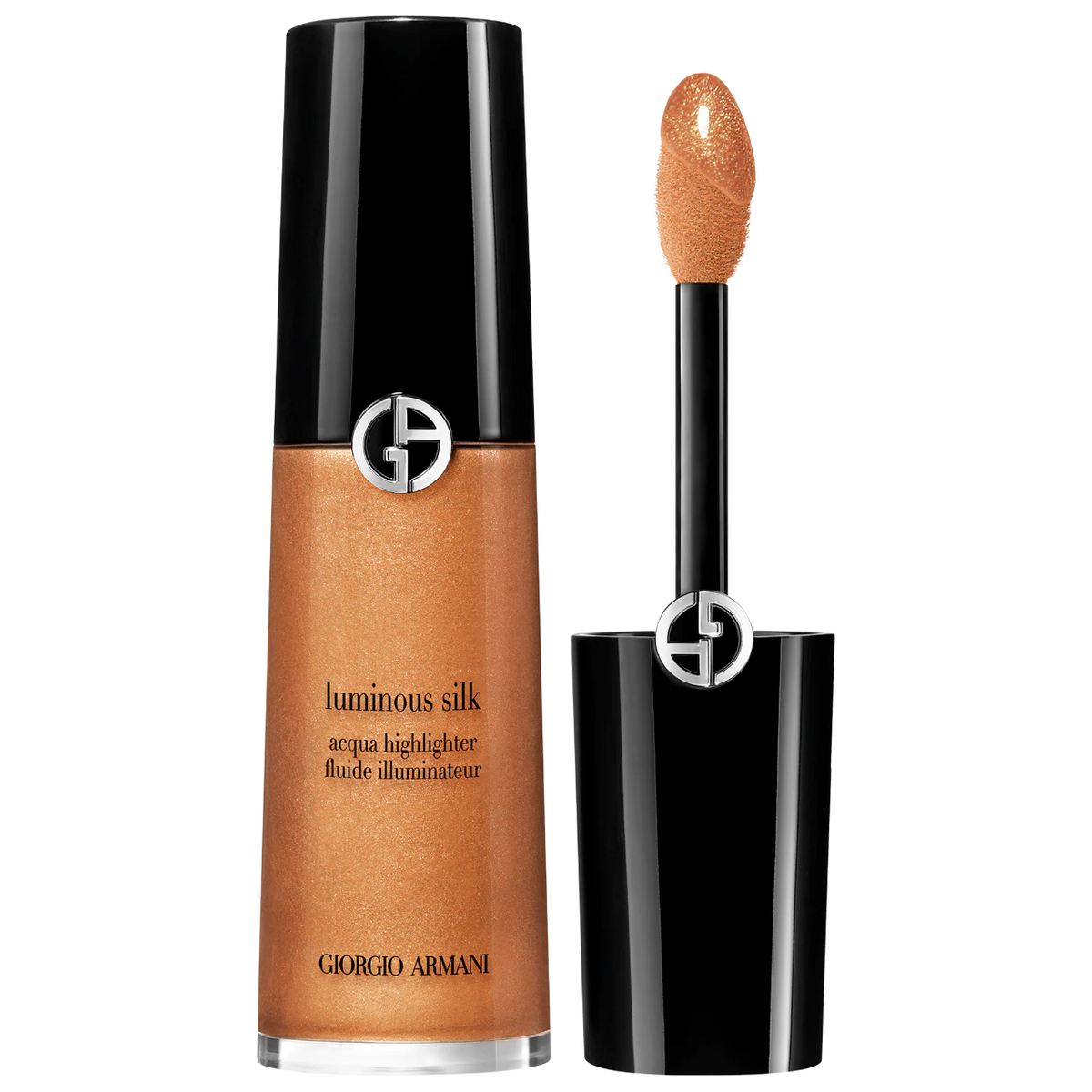 Giorgio Armani luminous silk highlighter with applicator on a white background