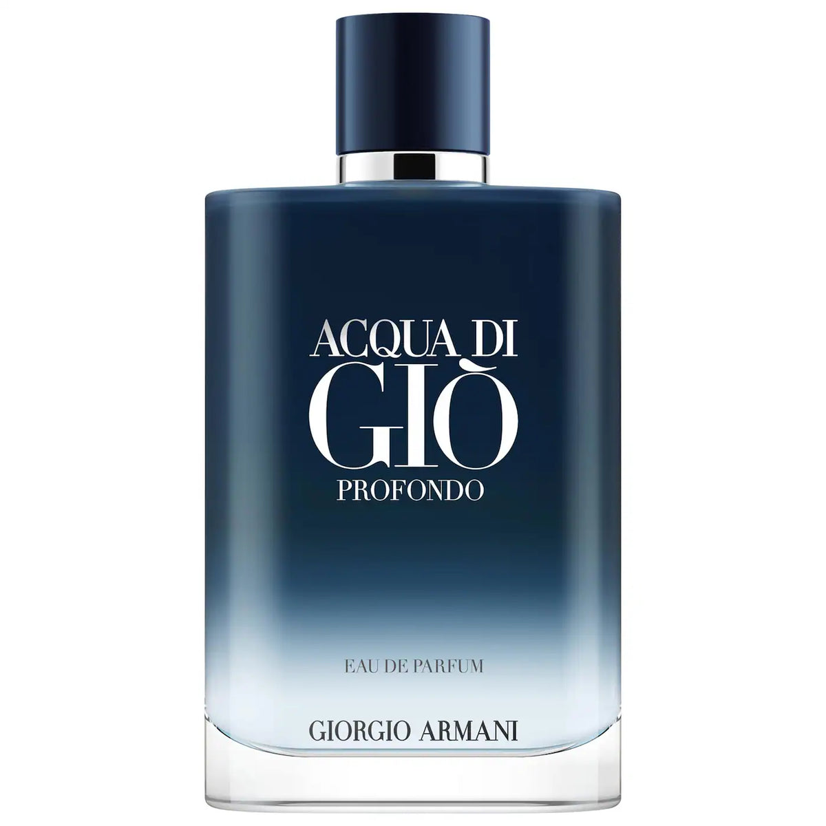 Giorgio Armani Acqua di Gio Profondo Eau de Parfum bottle, featuring a dark blue gradient design that fades to white at the bottom, with a dark blue cap and silver collar.