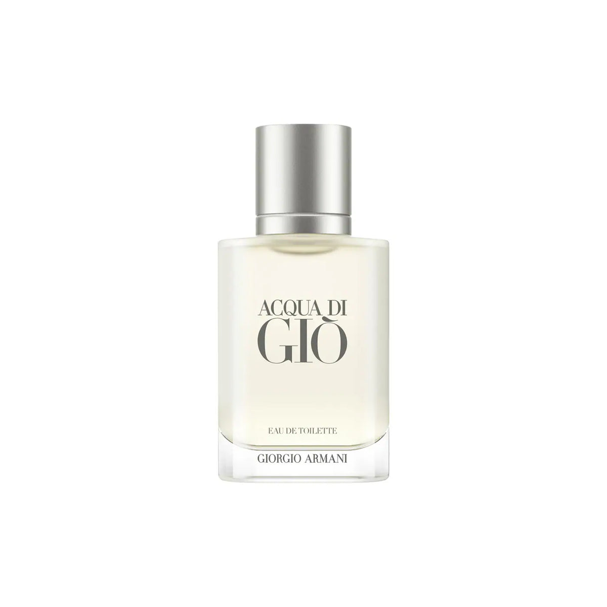 A bottle of Giorgio Armani Acqua di Gio Eau de Toilette perfume, featuring a clear glass bottle with a silver metallic cap and a pale yellow liquid inside, set against a plain white background.