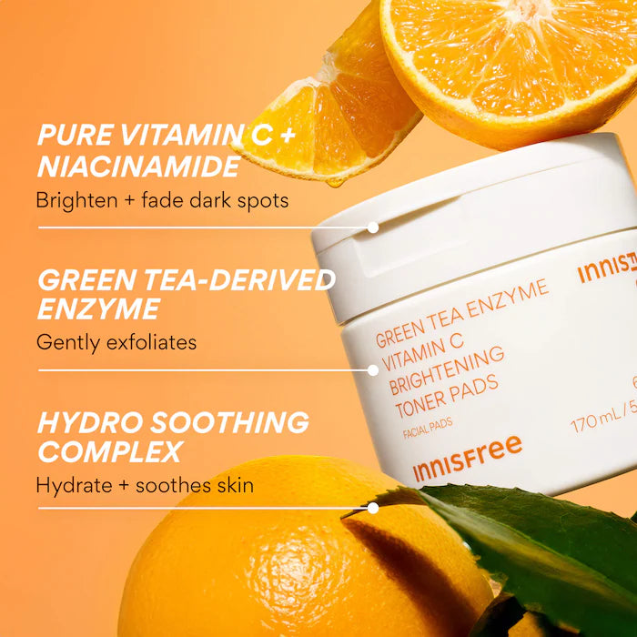 innisfree  Daily Vitamin C Korean Brightening Toner Pads with Niacinamide for Dark Spots