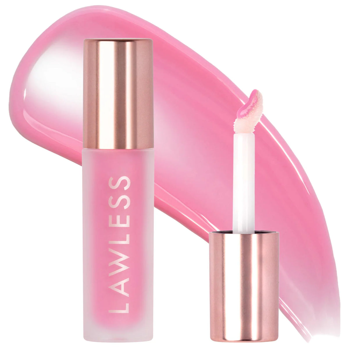 Lawless lip product with pink and rose gold design on a white background