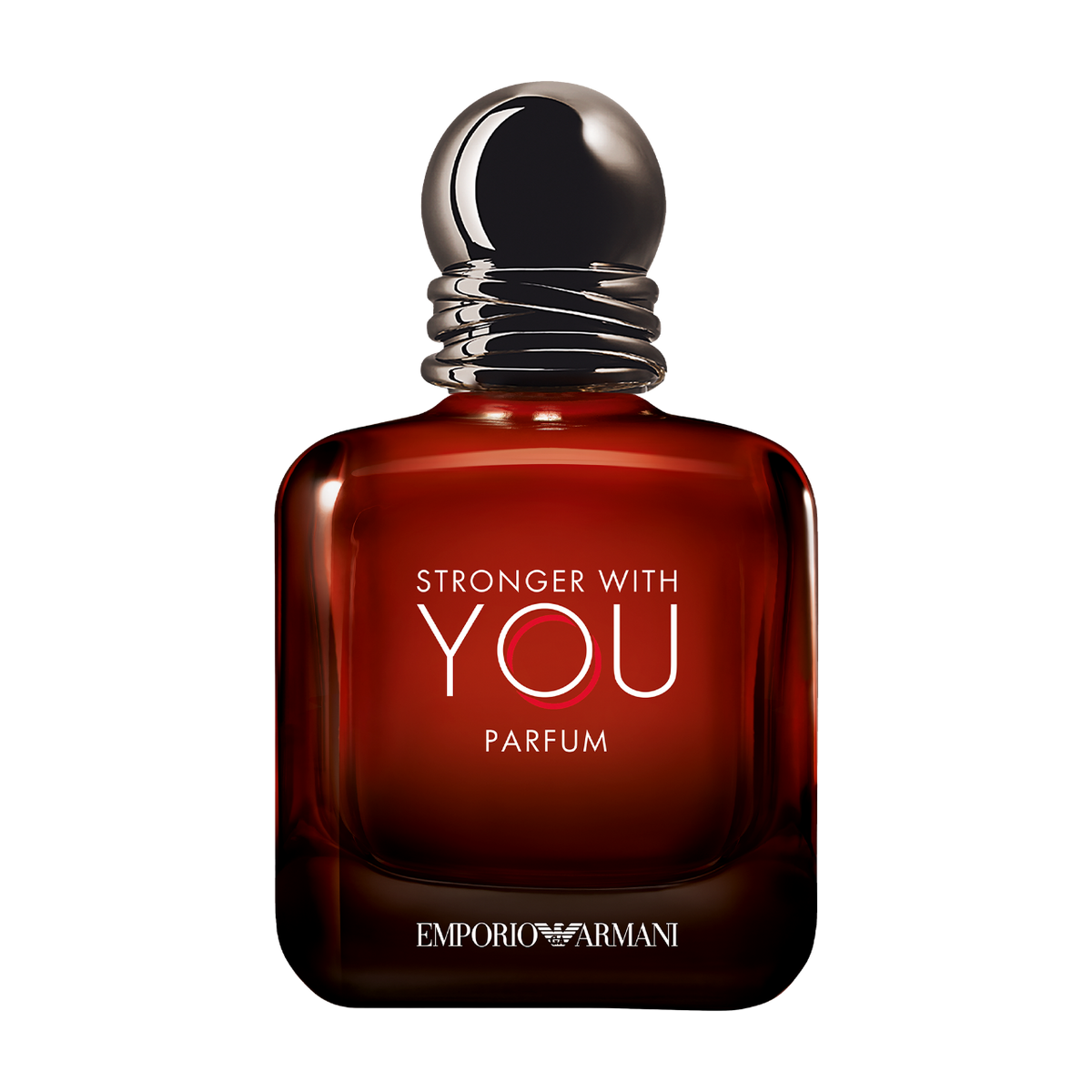 Emporio Armani perfume bottle with red glass and silver cap on a white background