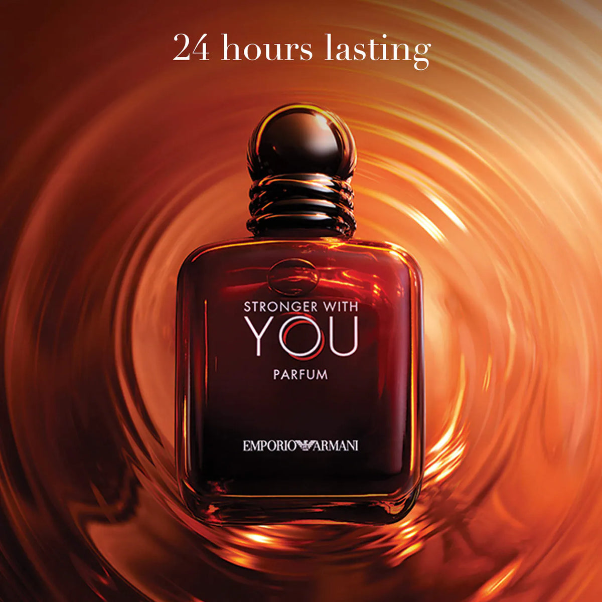 Emporio Armani perfume bottle with swirling orange background and '24 hours lasting' text.