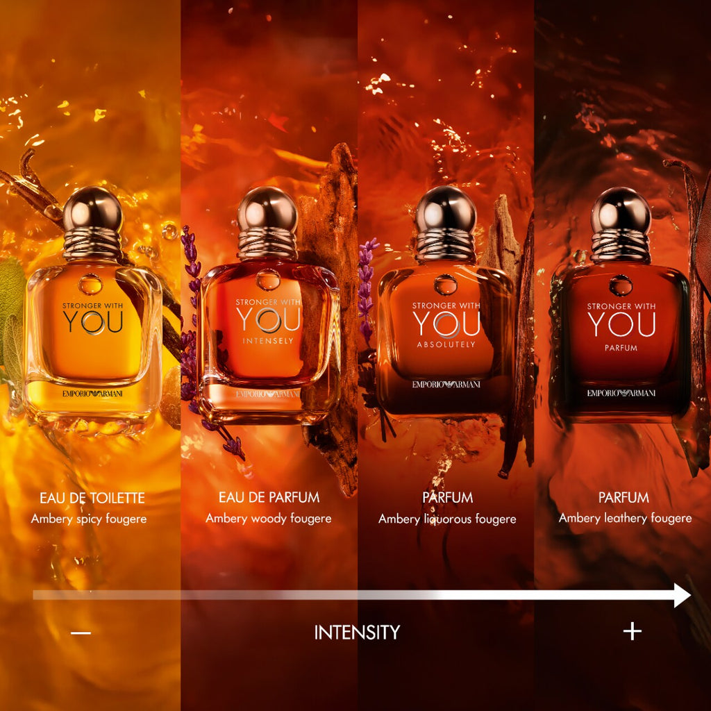 Four bottles of 'Stranger with You' perfume on an orange gradient background