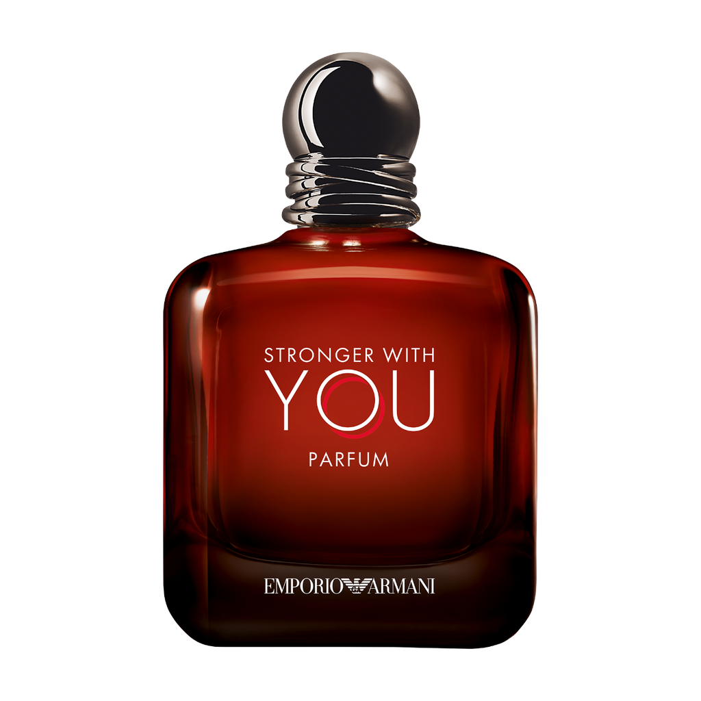 Emporio Armani perfume bottle with 'Stronger with You' text on a white background