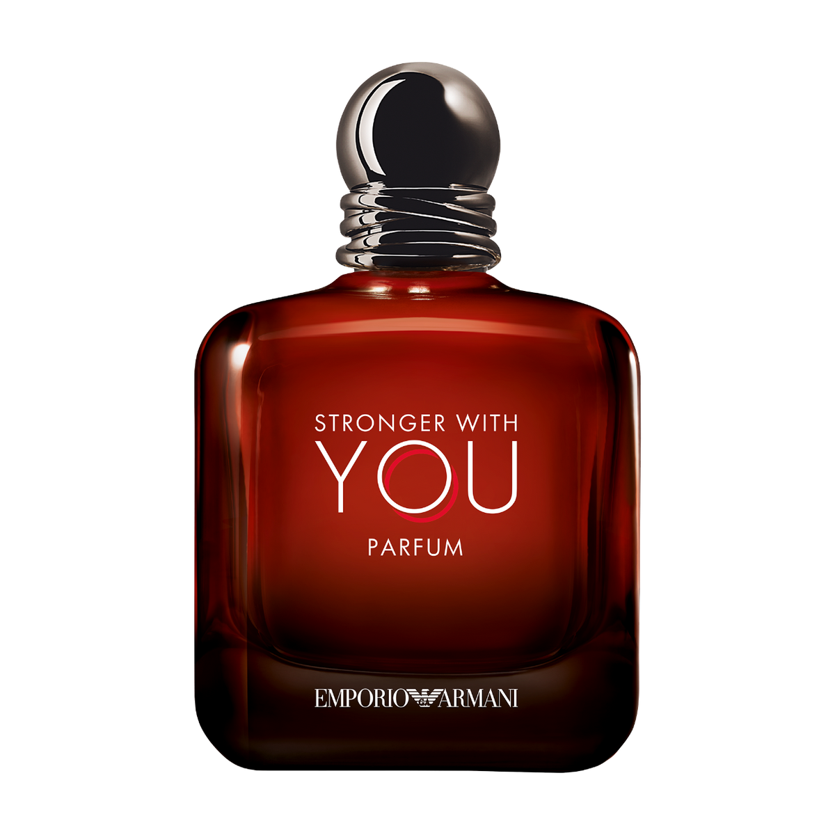 Emporio Armani perfume bottle with 'Stronger with You' text on a white background