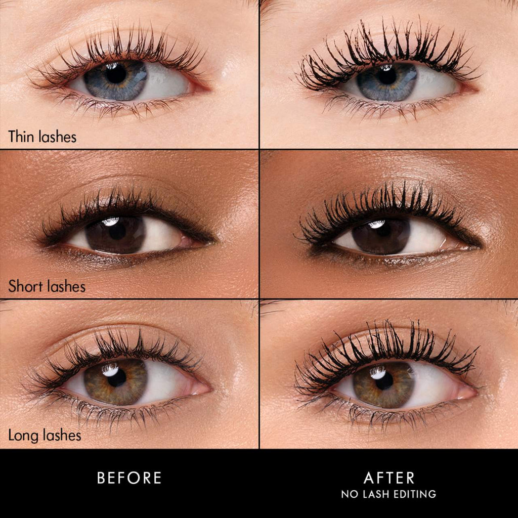 Comparison of thin, short, and long lashes on different eye colors with 'Before' and 'After' labels.