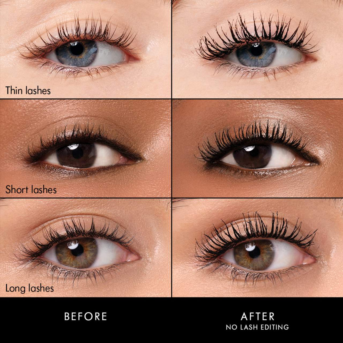 Comparison of thin, short, and long lashes on different eye colors with 'Before' and 'After' labels.