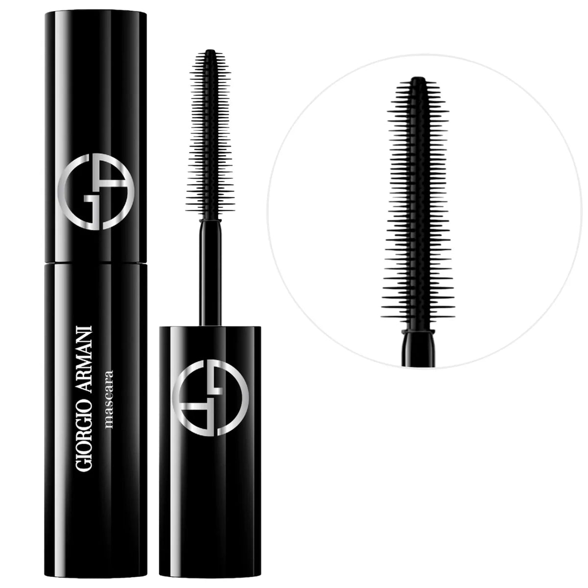 Black mascara with Giorgio Armani logo on a white background
