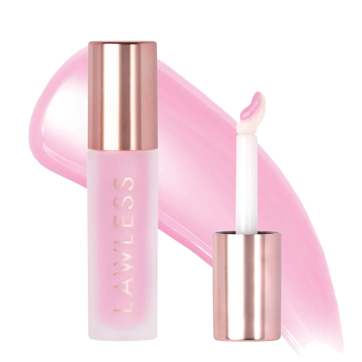 Lip balm with rose gold cap and pink packaging on a white background