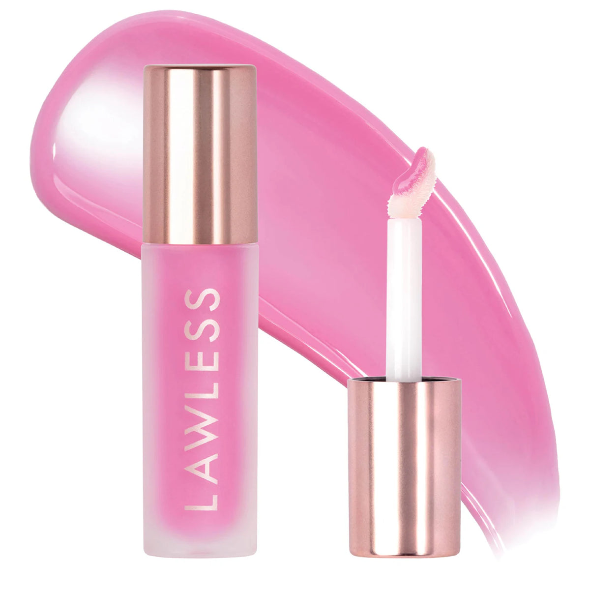 Pink lip gloss with rose gold cap and 'Lawless' branding on a white background