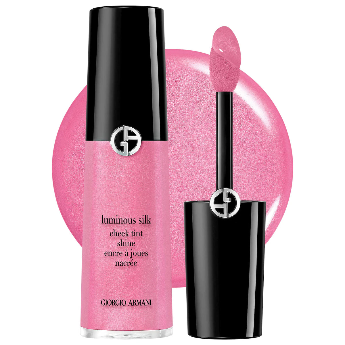 Giorgio Armani Luminous Silk Cheek Tint in a shimmering pink shade, shown with the bottle, applicator wand, and a circular color swatch on a white background.