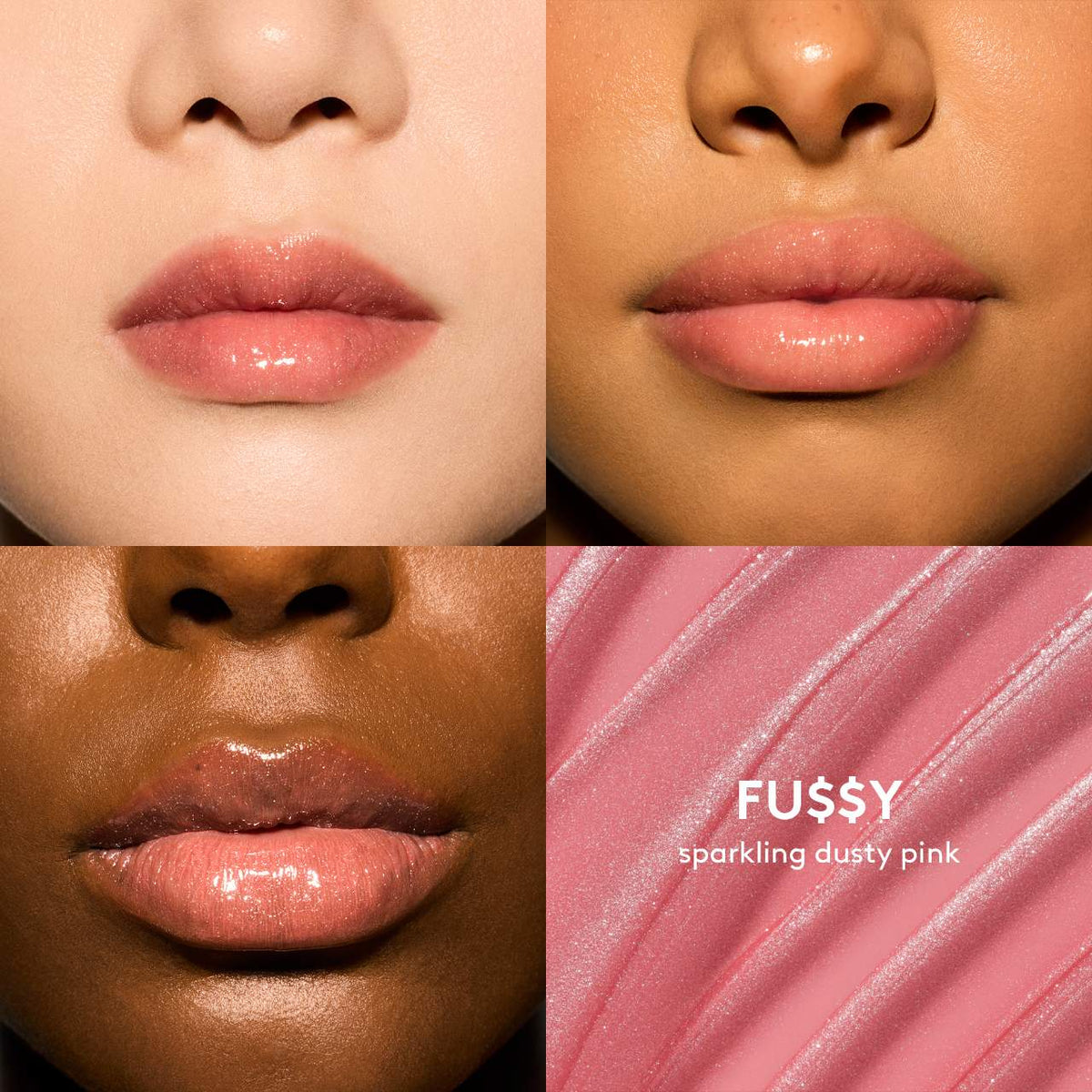 Collage of lips in different skin tones with a close-up of a pink lip color swatch labeled 'FU$SY sparkling dusty pink'.