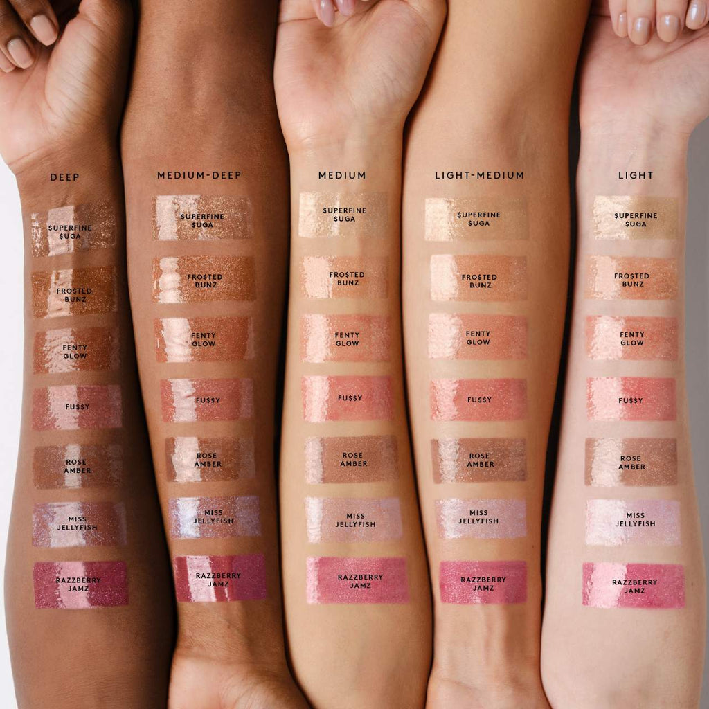 Swatches of makeup products on different skin tones
