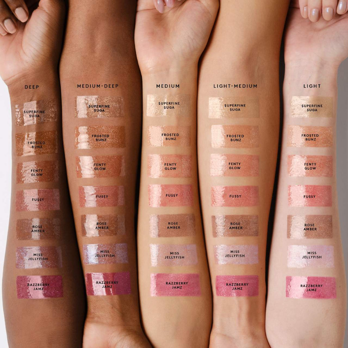 Swatches of makeup products on different skin tones