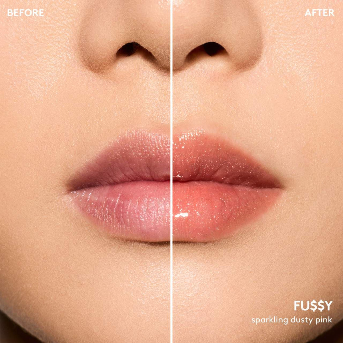 Before and after comparison of lips with a sparkling dusty pink shade labeled 'FU$SY'.