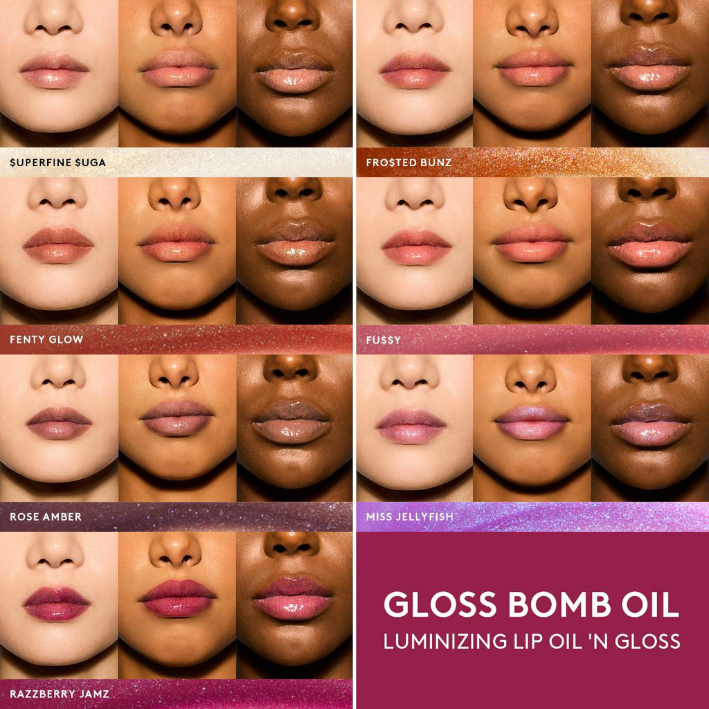 Collage of lips with different shades of Gloss Bomb Oil on a purple background