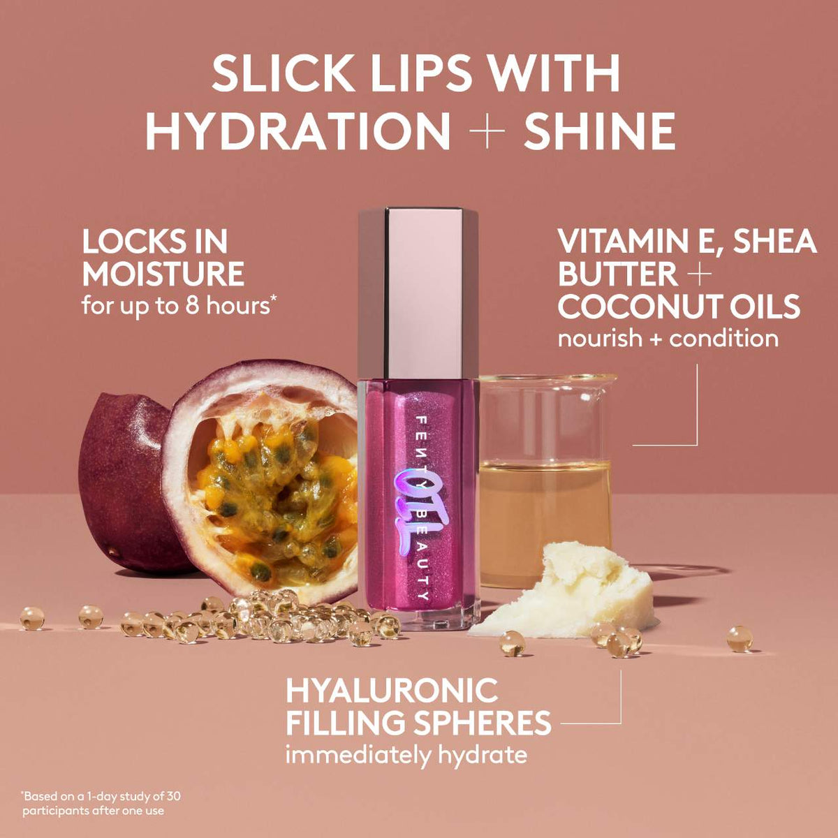 Lip balm with ingredients and benefits on a pink background
