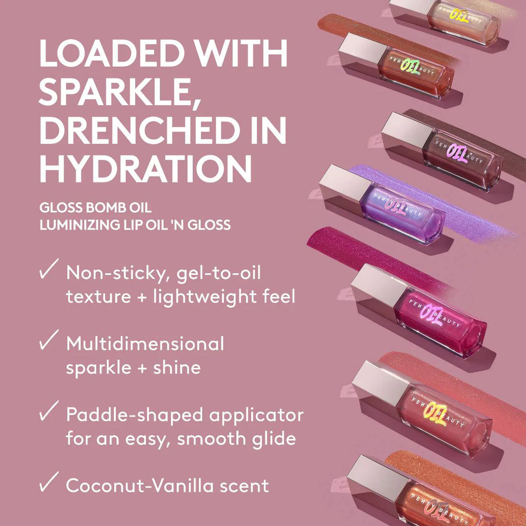 Lip gloss products with text highlighting features on a pink background