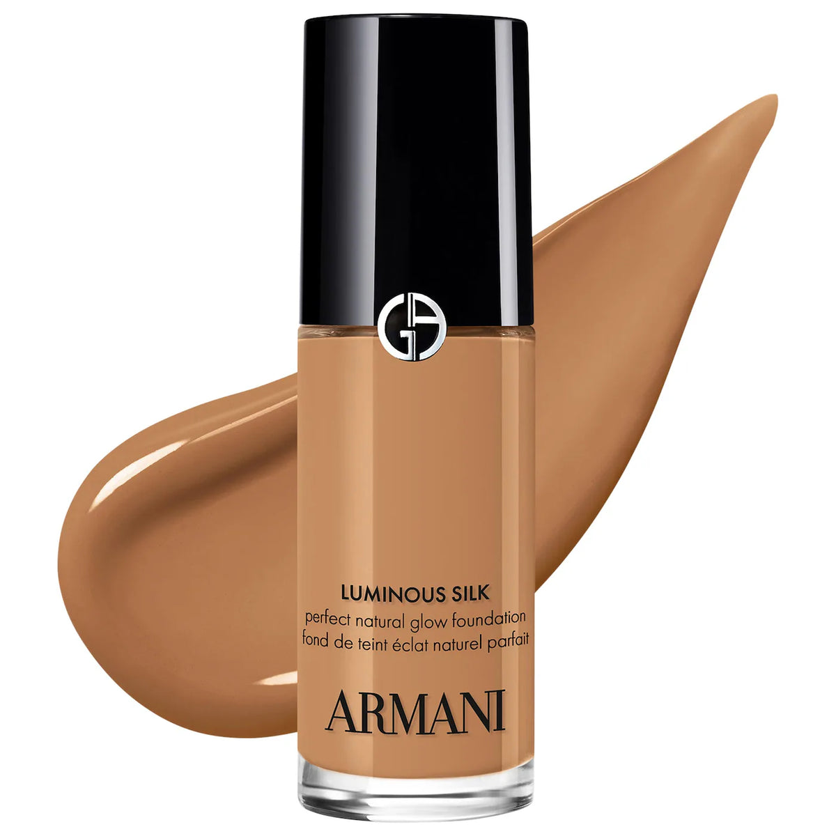 Armani Luminous Silk foundation bottle with a swatch on a white background