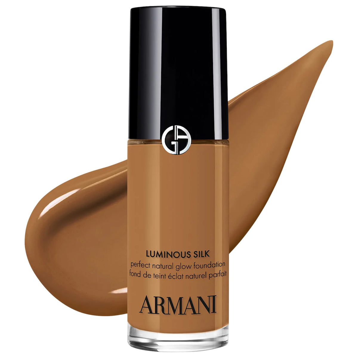 Armani Luminous Silk foundation bottle with a swatch on a white background